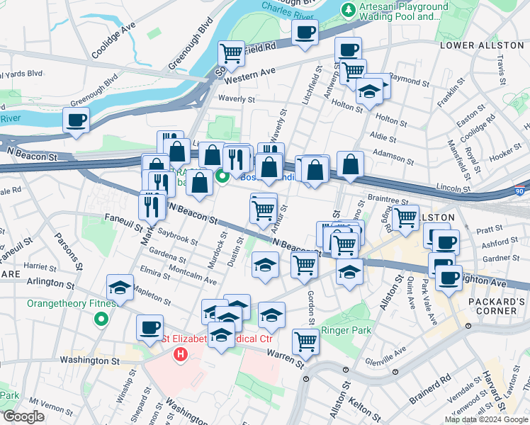 map of restaurants, bars, coffee shops, grocery stores, and more near 50 Hichborn Street in Boston