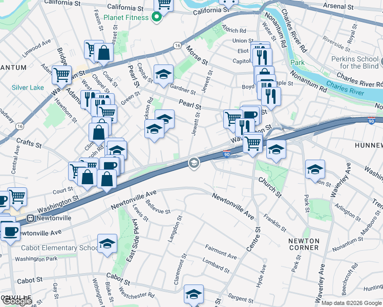 map of restaurants, bars, coffee shops, grocery stores, and more near in Newton