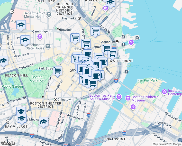 map of restaurants, bars, coffee shops, grocery stores, and more near 70 Federal Street in Boston