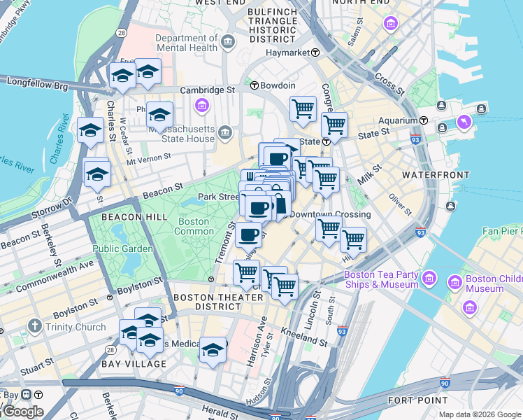 map of restaurants, bars, coffee shops, grocery stores, and more near 450 Washington Street in Boston