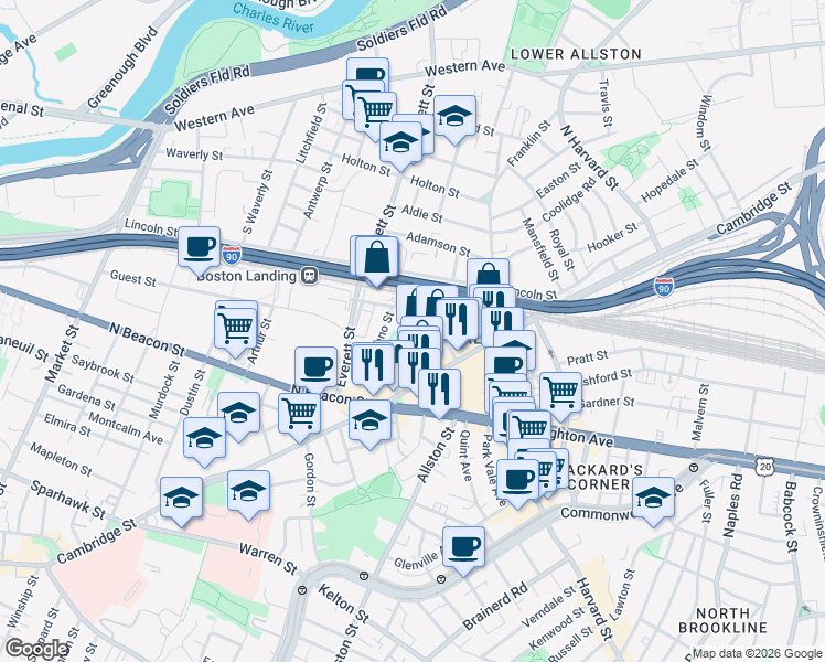 map of restaurants, bars, coffee shops, grocery stores, and more near 32 Rugg Road in Boston