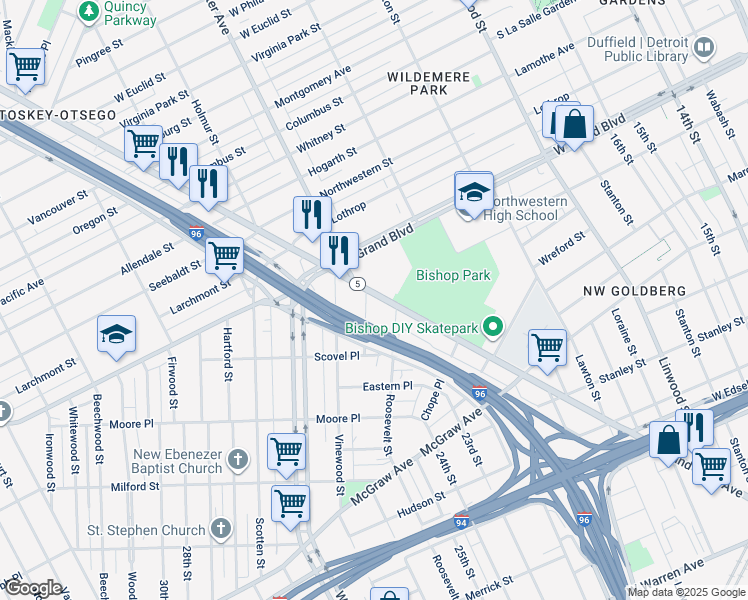 map of restaurants, bars, coffee shops, grocery stores, and more near 6800 Taft Street in Detroit