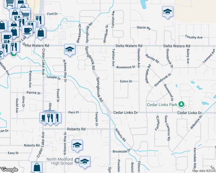 map of restaurants, bars, coffee shops, grocery stores, and more near 2669 Tahitian Avenue in Medford