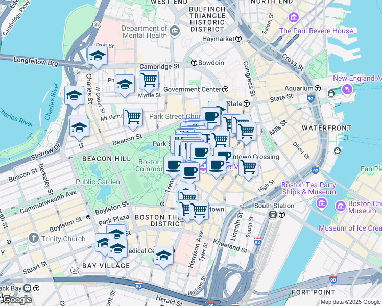 map of restaurants, bars, coffee shops, grocery stores, and more near 138 Tremont Street in Boston