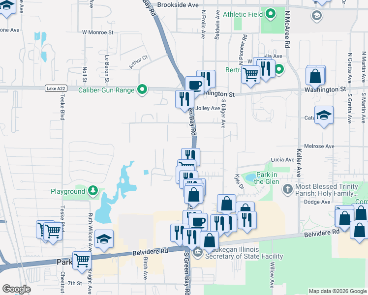 map of restaurants, bars, coffee shops, grocery stores, and more near 2930 Ridge Avenue in Waukegan