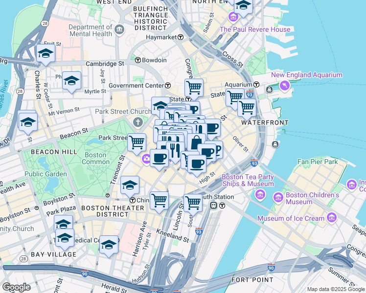 map of restaurants, bars, coffee shops, grocery stores, and more near 70 Franklin Street in Boston