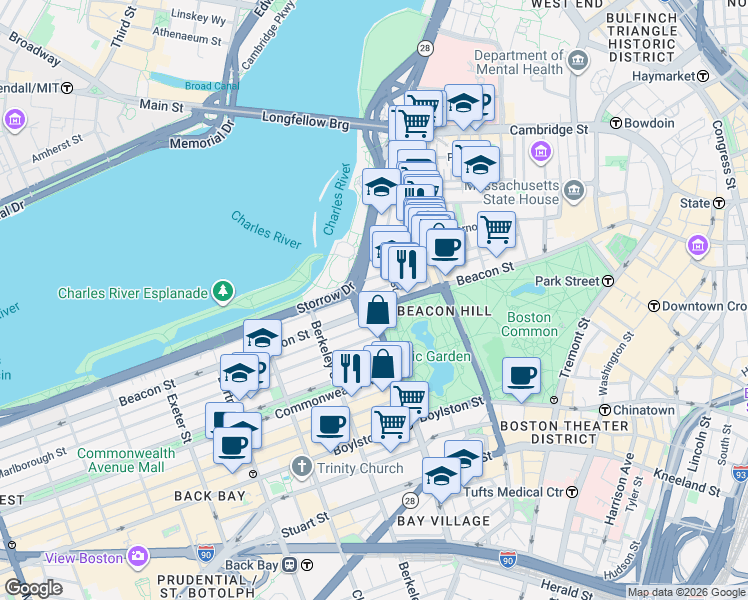 map of restaurants, bars, coffee shops, grocery stores, and more near 93 Beacon Street in Boston
