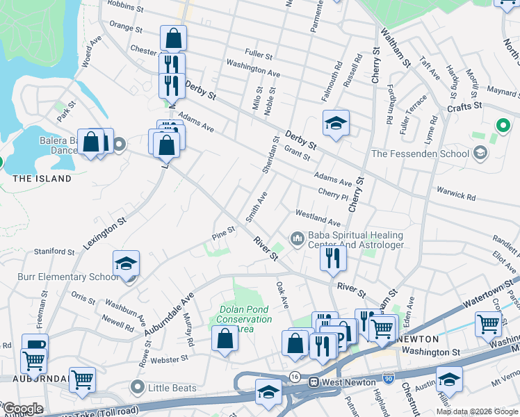 map of restaurants, bars, coffee shops, grocery stores, and more near 32 Smith Avenue in Newton