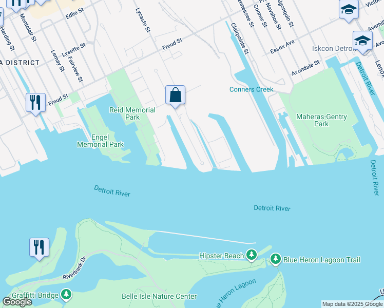 map of restaurants, bars, coffee shops, grocery stores, and more near 26 Sand Bar Lane in Detroit