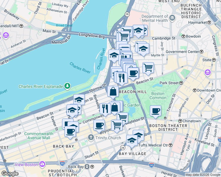 map of restaurants, bars, coffee shops, grocery stores, and more near 95 Beacon Street in Boston