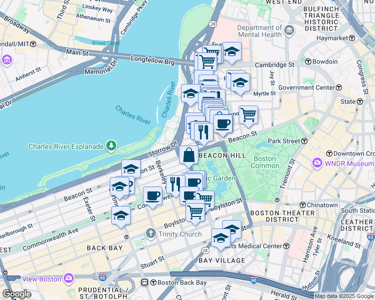map of restaurants, bars, coffee shops, grocery stores, and more near in Boston