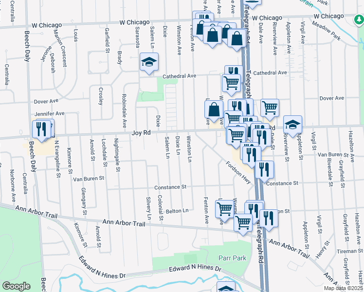 map of restaurants, bars, coffee shops, grocery stores, and more near 8577 Dixie Lane in Dearborn Heights