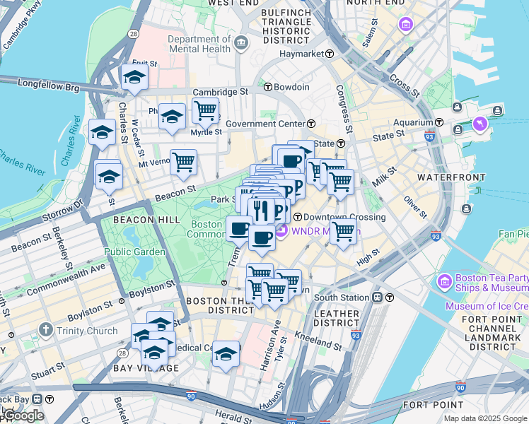 map of restaurants, bars, coffee shops, grocery stores, and more near in Boston