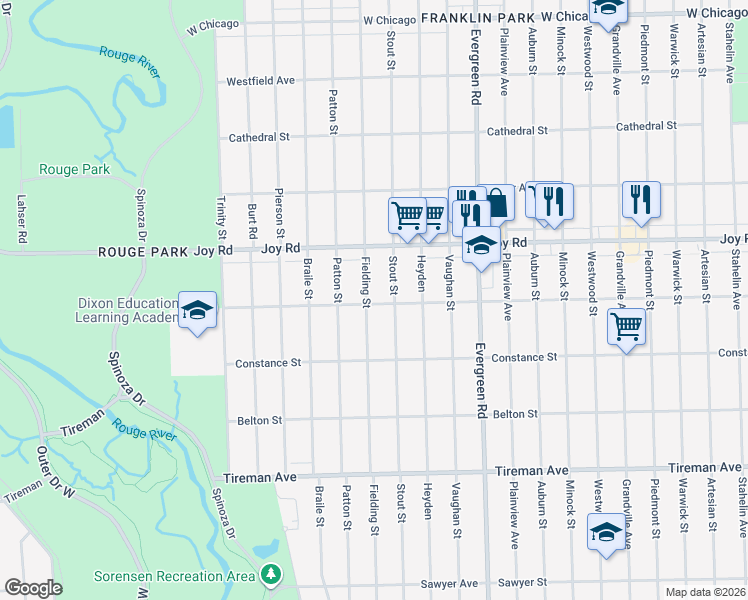 map of restaurants, bars, coffee shops, grocery stores, and more near 8515 Fielding Street in Detroit