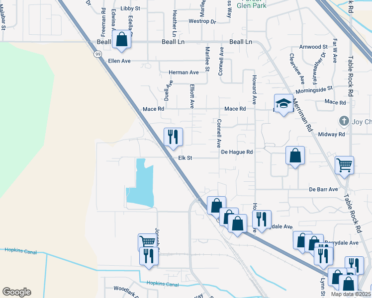 map of restaurants, bars, coffee shops, grocery stores, and more near 101 Elk Street in Medford