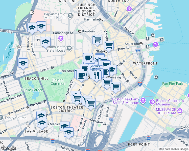 map of restaurants, bars, coffee shops, grocery stores, and more near 1 Franklin Street in Boston