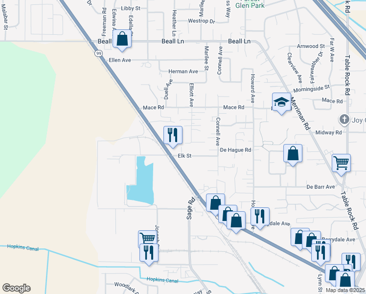 map of restaurants, bars, coffee shops, grocery stores, and more near 101 Elk Street in Medford