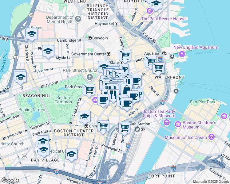 map of restaurants, bars, coffee shops, grocery stores, and more near 20 Winthrop Square in Boston