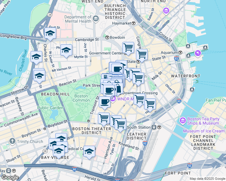 map of restaurants, bars, coffee shops, grocery stores, and more near 1 Winter Street in Boston
