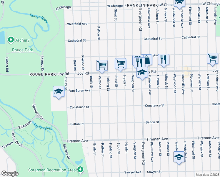 map of restaurants, bars, coffee shops, grocery stores, and more near 8515 Fielding Street in Detroit