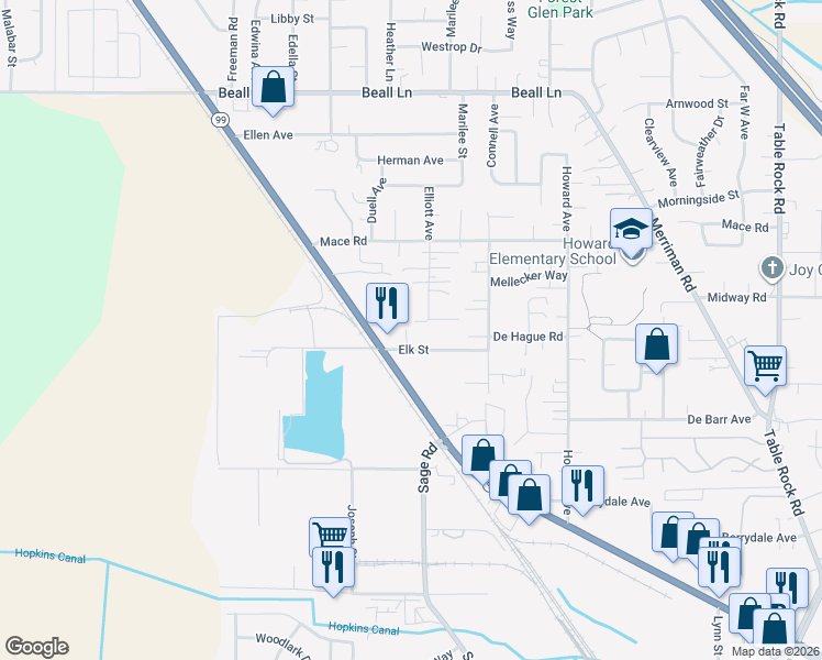 map of restaurants, bars, coffee shops, grocery stores, and more near 101 Elk Street in Medford