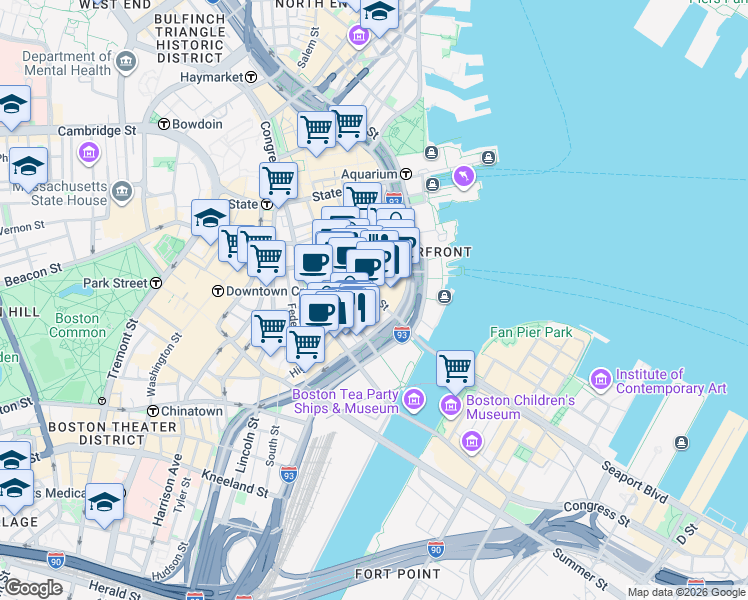 map of restaurants, bars, coffee shops, grocery stores, and more near in Boston