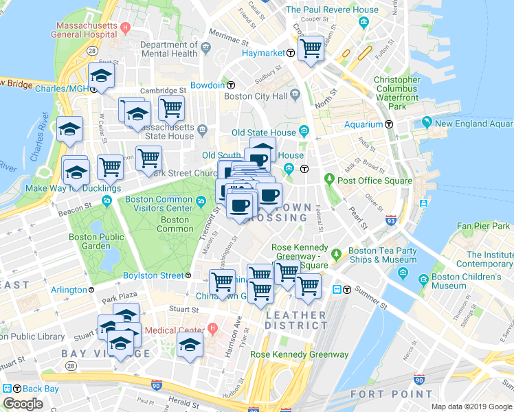 map of restaurants, bars, coffee shops, grocery stores, and more near 450 Washington Street in Boston