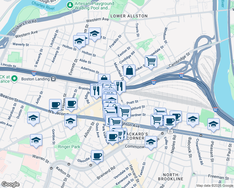 map of restaurants, bars, coffee shops, grocery stores, and more near 16 Highgate Street in Boston