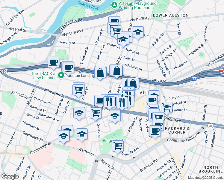 map of restaurants, bars, coffee shops, grocery stores, and more near 51 Hano Street in Boston
