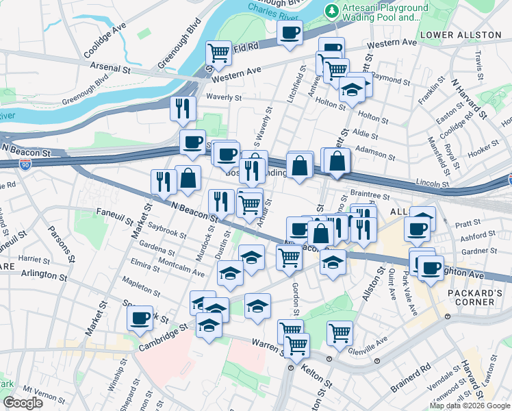 map of restaurants, bars, coffee shops, grocery stores, and more near 100 Arthur Street in Boston