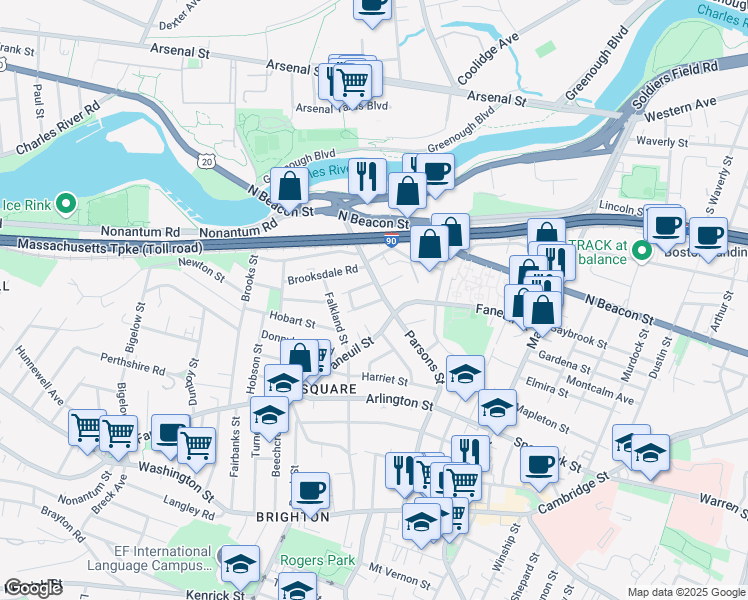 map of restaurants, bars, coffee shops, grocery stores, and more near 6 Cresthill Road in Boston