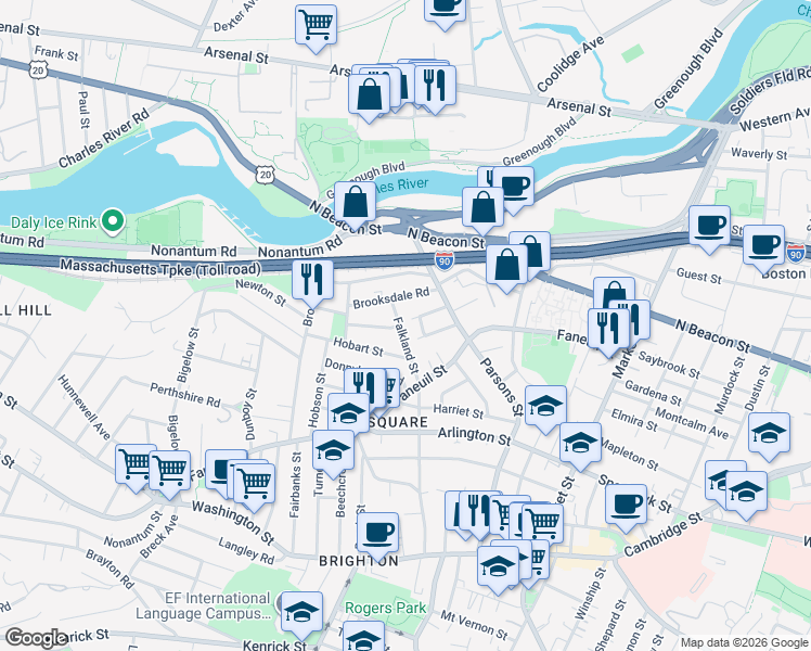 map of restaurants, bars, coffee shops, grocery stores, and more near 37-39 Falkland Street in Boston