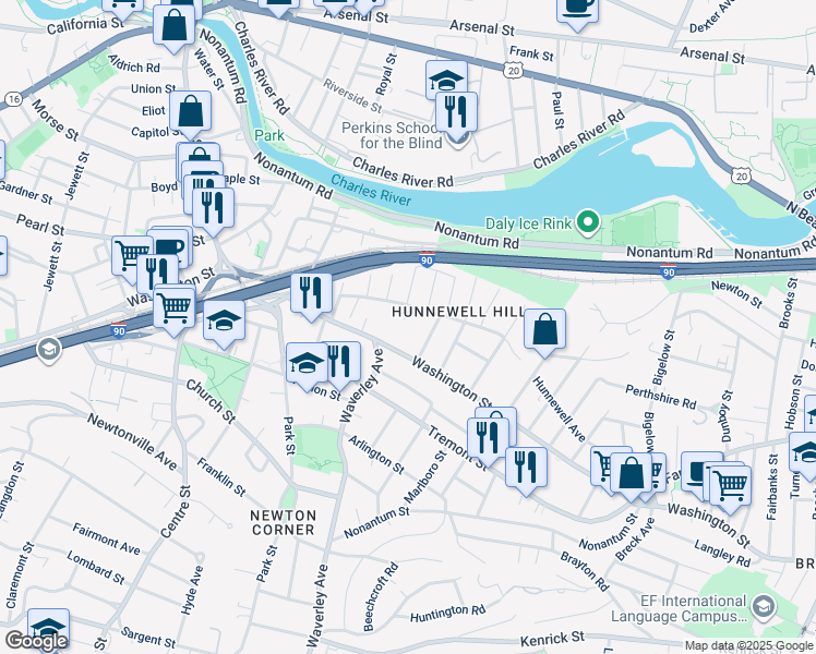 map of restaurants, bars, coffee shops, grocery stores, and more near 101 Washington Street in Newton