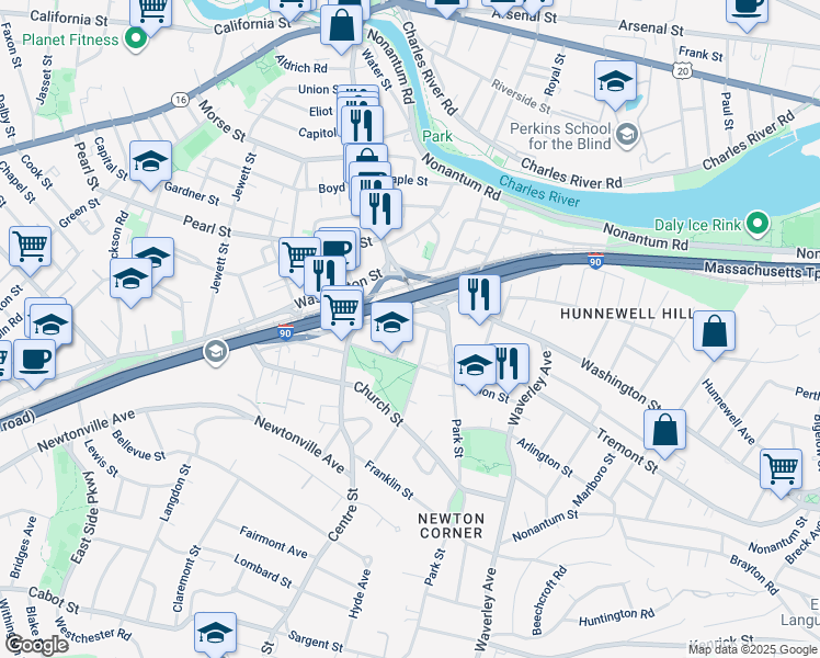 map of restaurants, bars, coffee shops, grocery stores, and more near 8 Baldwin Street in Newton
