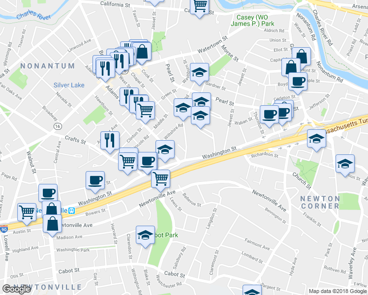 map of restaurants, bars, coffee shops, grocery stores, and more near in Newton