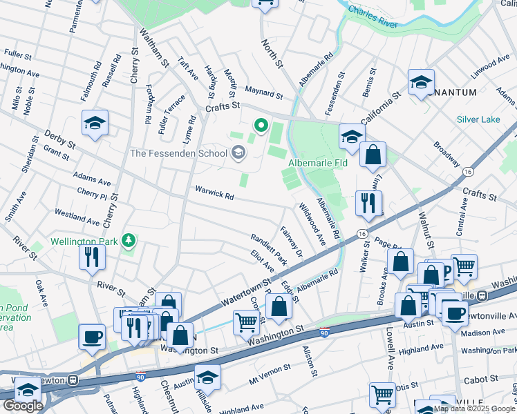 map of restaurants, bars, coffee shops, grocery stores, and more near 83 Fairway Drive in Newton