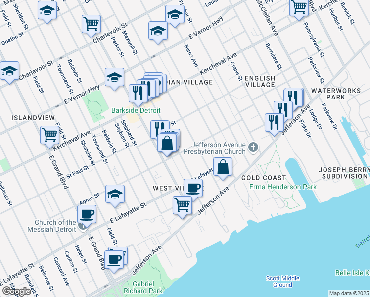 map of restaurants, bars, coffee shops, grocery stores, and more near 1111 Seminole Street in Detroit