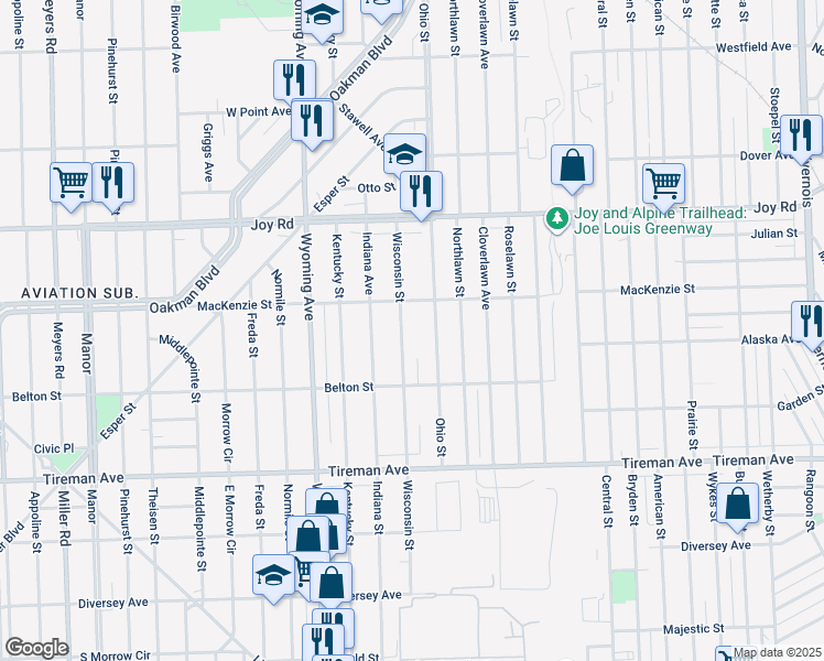 map of restaurants, bars, coffee shops, grocery stores, and more near 8284 Wisconsin Street in Detroit