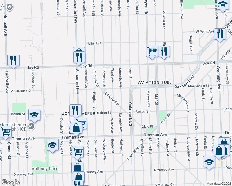 map of restaurants, bars, coffee shops, grocery stores, and more near 8346 Ward Avenue in Detroit