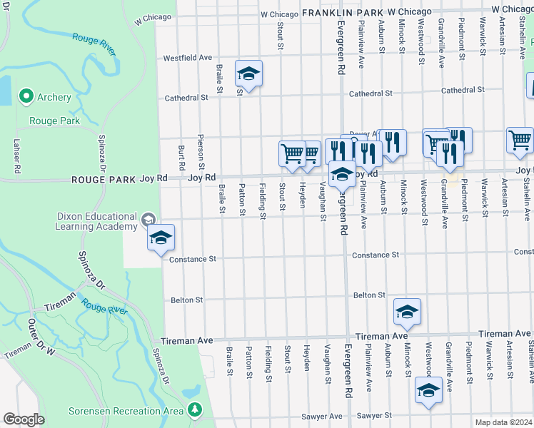 map of restaurants, bars, coffee shops, grocery stores, and more near 8515 Fielding Street in Detroit