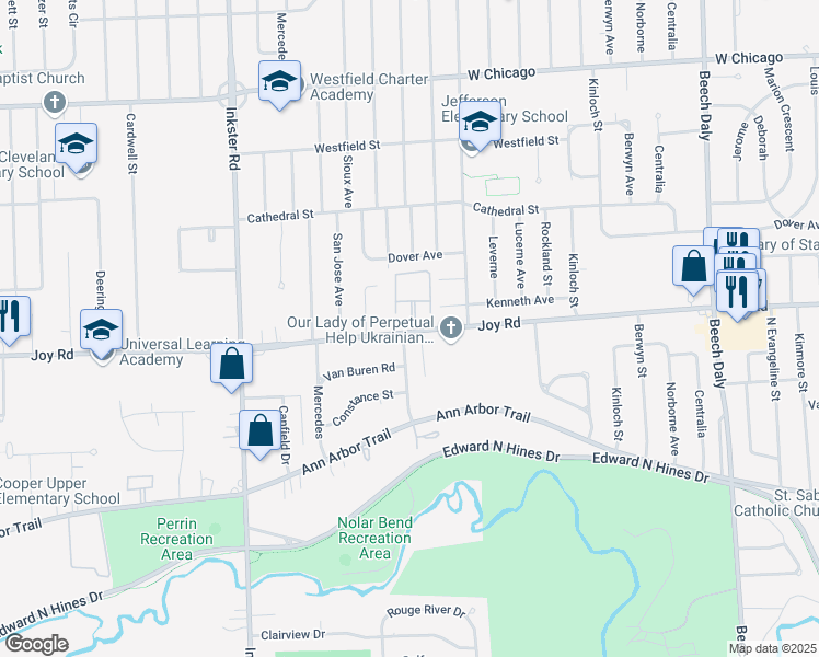 map of restaurants, bars, coffee shops, grocery stores, and more near 8756 Columbia Street in Dearborn Heights