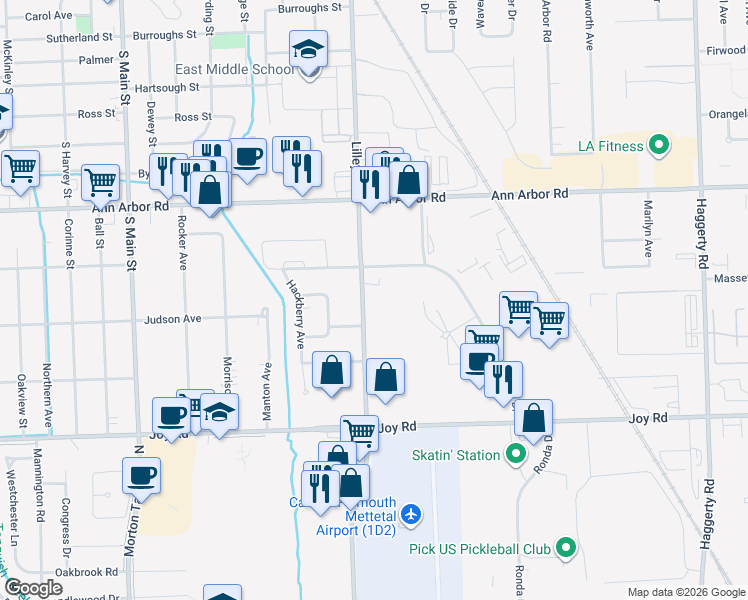 map of restaurants, bars, coffee shops, grocery stores, and more near 9180 North Lilley Road in Plymouth