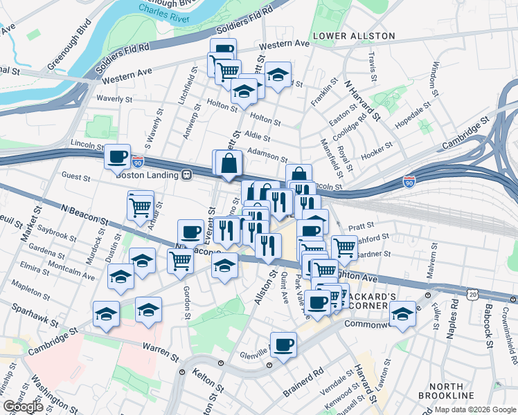 map of restaurants, bars, coffee shops, grocery stores, and more near 32 Rugg Road in Boston