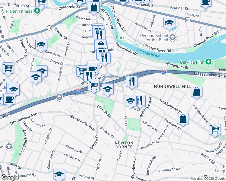map of restaurants, bars, coffee shops, grocery stores, and more near 8 Baldwin Street in Newton