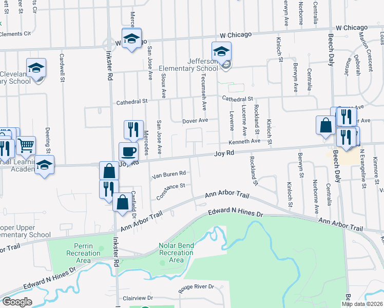 map of restaurants, bars, coffee shops, grocery stores, and more near 8756 Columbia Street in Dearborn Heights