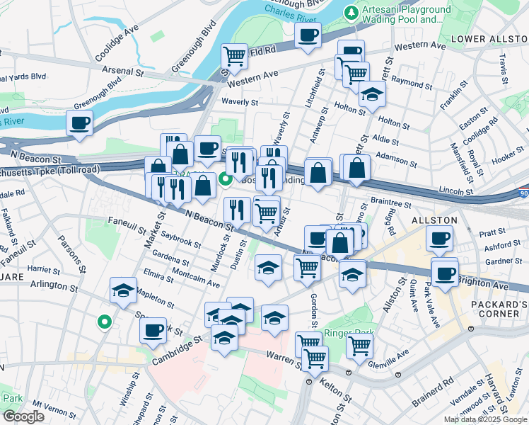map of restaurants, bars, coffee shops, grocery stores, and more near 50 Hichborn Street in Boston