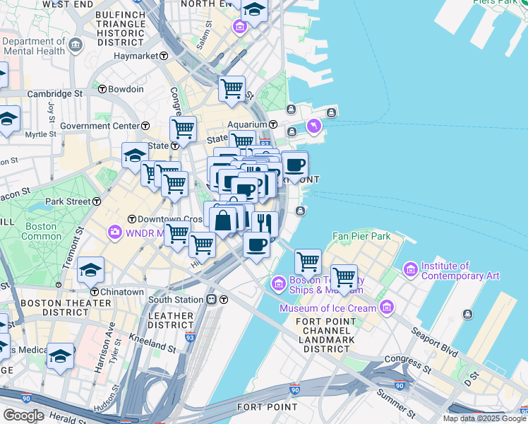 map of restaurants, bars, coffee shops, grocery stores, and more near 59-99 Purchase Street in Boston