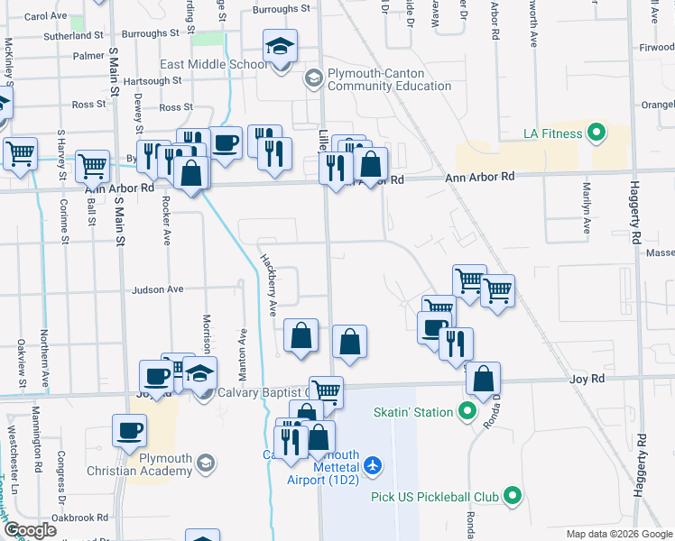 map of restaurants, bars, coffee shops, grocery stores, and more near 9180 North Lilley Road in Plymouth