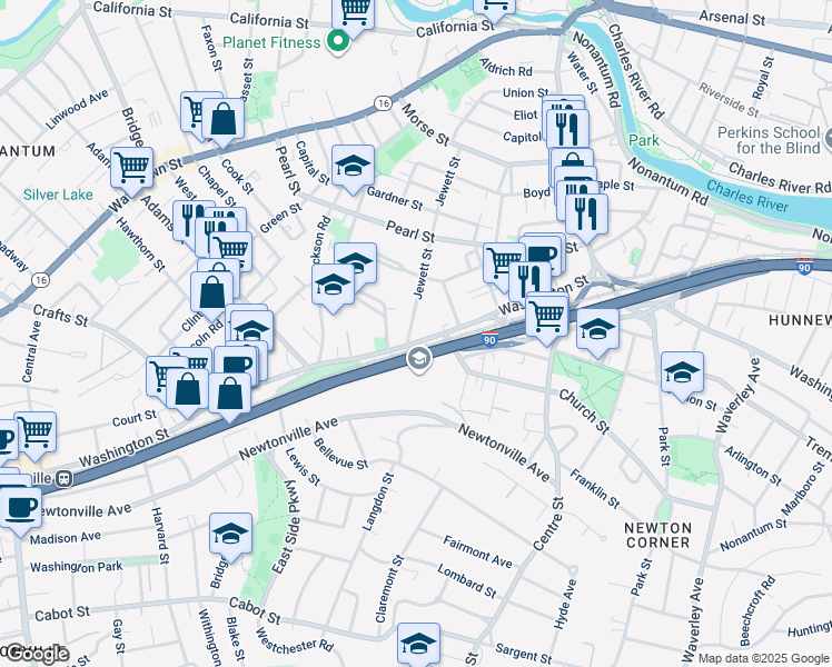 map of restaurants, bars, coffee shops, grocery stores, and more near in Newton