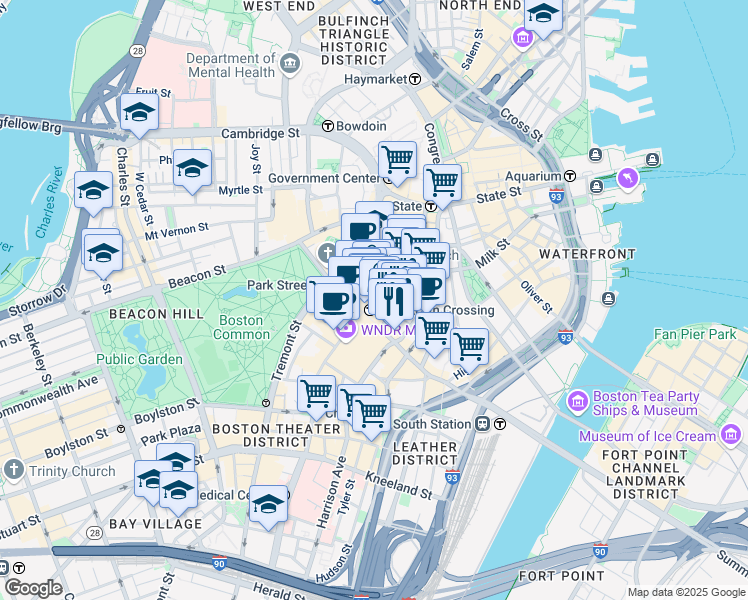 map of restaurants, bars, coffee shops, grocery stores, and more near 420 Washington Street in Boston